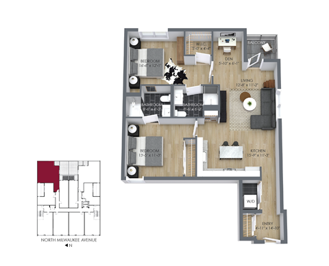 Floor plan for 2 beds, 2 baths, 1023 sqft
